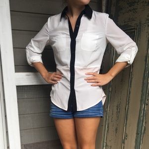 White and Pale Pink Dress Shirt with Black Trim